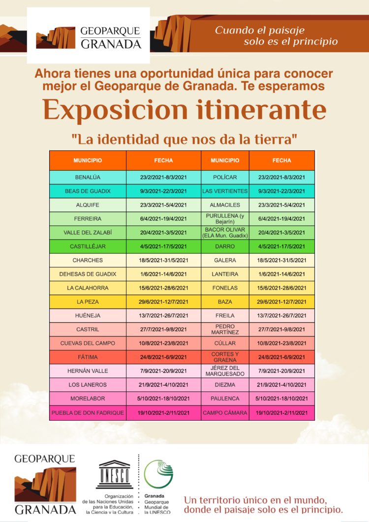 CALENDARIO EXPO ITINERANTE FEB A NOVIEMBRE 1 750x1061 - Exposición sobre el Geoparque, en BENALÚA del 23 de febrero al 8 de marzo. - Geoparque de Granada