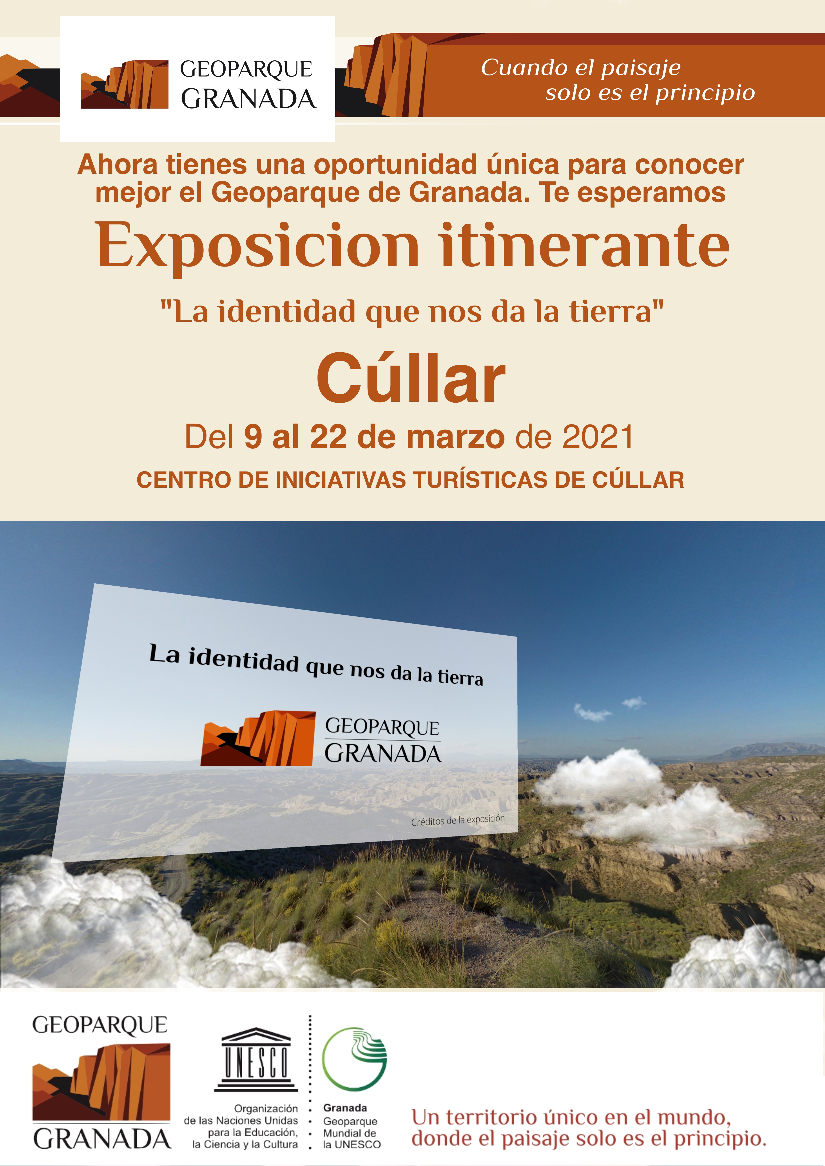 A3 CARTEL INFORMATIVO EXPOSICIÓN ITINERANTE CULLAR scaled e1615485270416 - Exposición sobre el Geoparque, en CÚLLAR del 9 AL 22 de marzo de 2021. - Geoparque de Granada