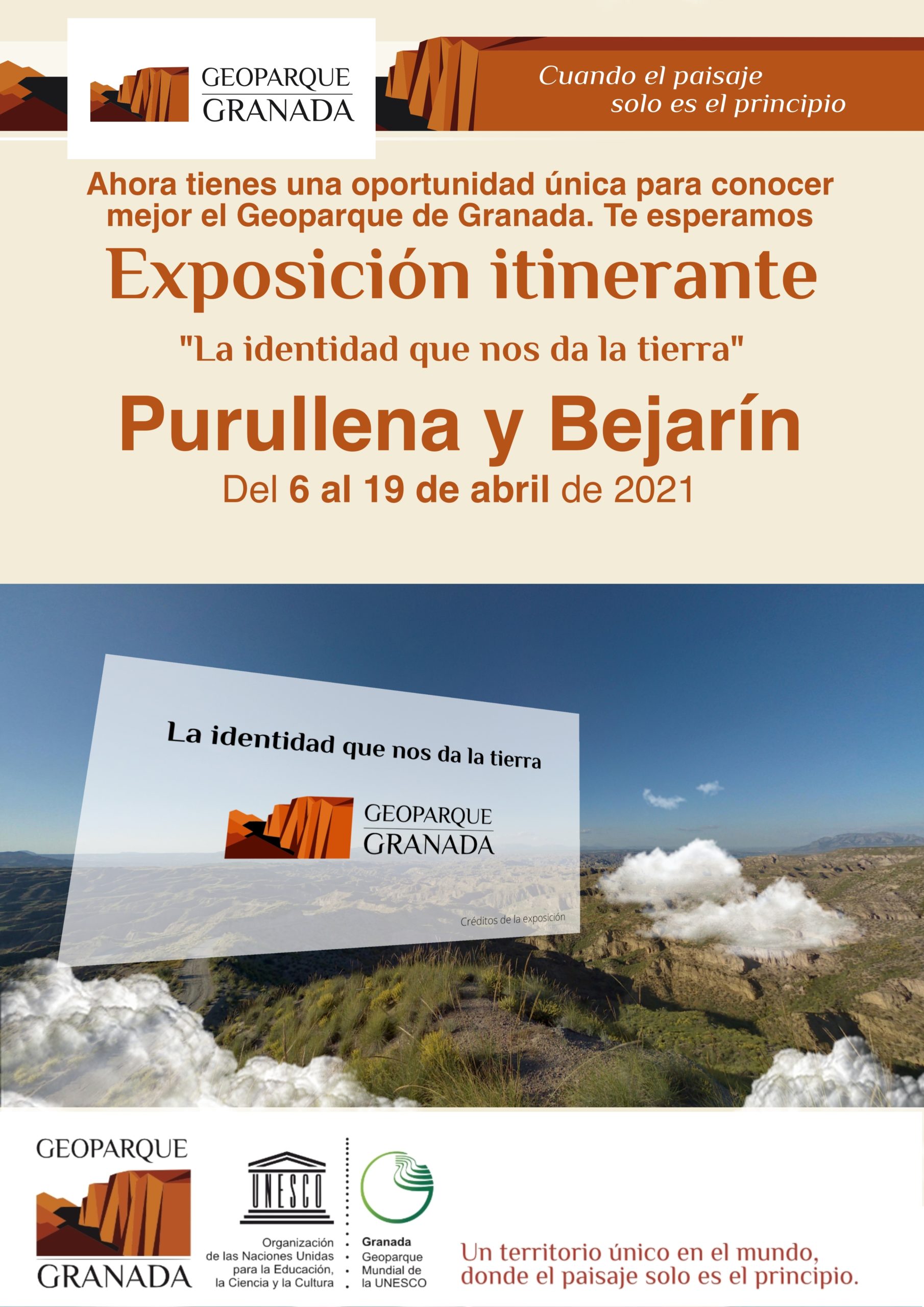A3 CARTEL INFORMATIVO EXPOSICIÓN ITINERANTE purullena y bejarin scaled - Exposición sobre el Geoparque, en PURULLENA del 6 AL 19 de abril de 2021. - Geoparque de Granada