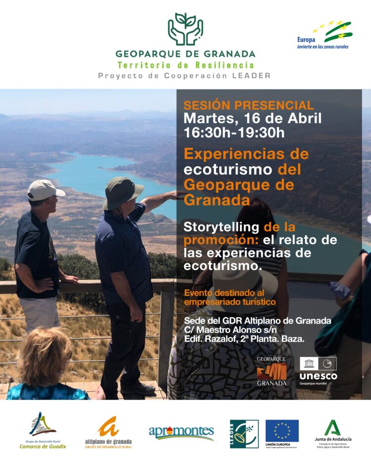 GEOPARQUE TERRITORIO DE RESILIENCIA 16 ABRIL 2024 750x941 - El catálogo de experiencias de ecoturismo en el Geoparque de Granada avanza con tres nuevas sesiones formativas sobre pasos a seguir, storytelling de la promoción y diseño creativo de propuestas - Geoparque de Granada