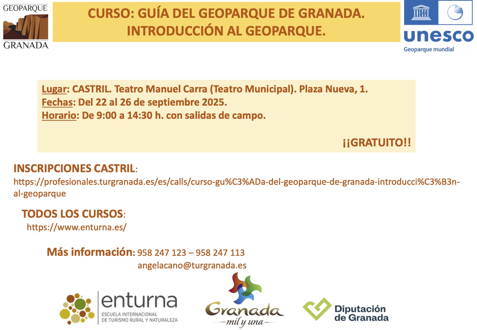 1. Cartel CURSO Geoparque Introducción. Castril 1 - Curso en Castril: GUÍA DEL GEOPARQUE DE GRANADA - INTRODUCCIÓN AL GEOPARQUE - Geoparque de Granada